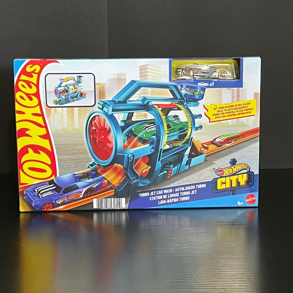 Hot Wheels Turbo Jet Car Wash City Playset Kids OS Blue New Shark Car Track